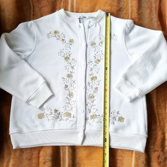 Bonnie Evans Vtg Fleece Lined Button Down Embroidered Roses Ivory Sweatshirt - Picture 5 of 10